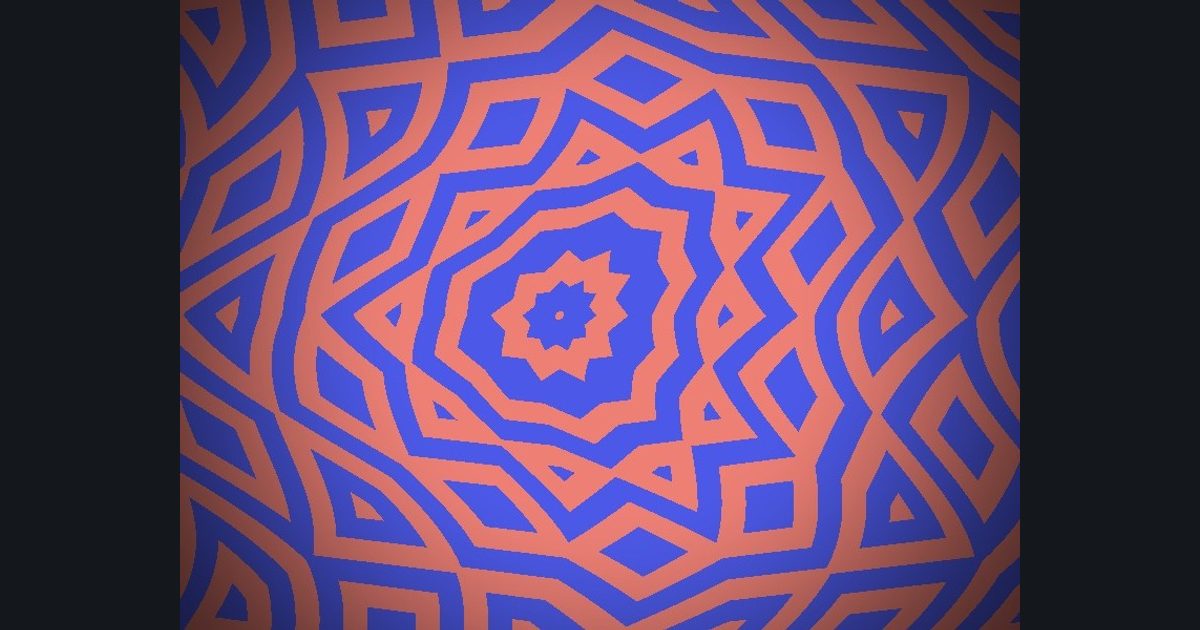 The target picture for the shader challenge "10-way kaleidoscope of zigzag stripes, rippling with a dark vignette"