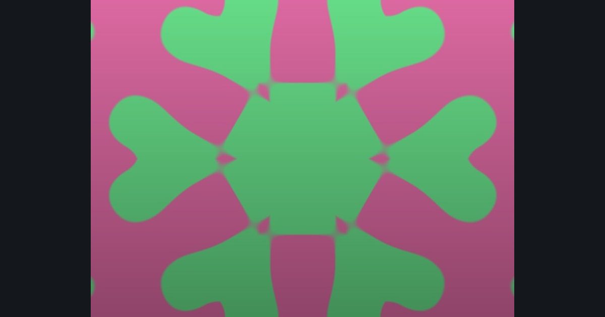 The target picture for the shader challenge "6-way kaleidoscope of noise blobs, mirrored with a fade to dark at the bottom"