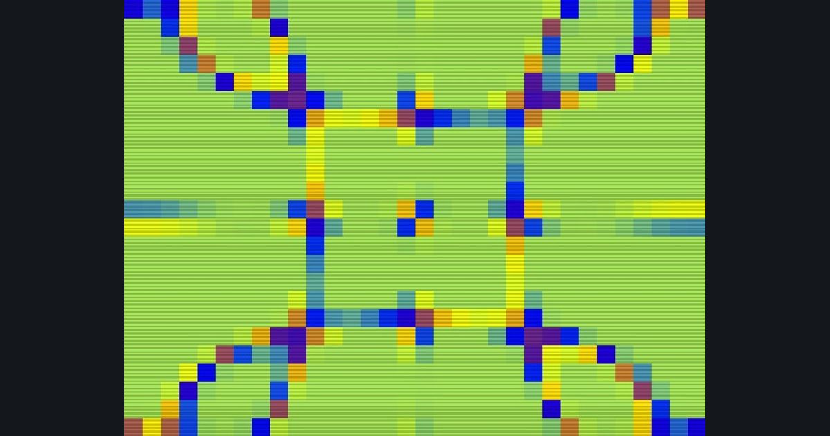 The target picture for the shader challenge "Pixelated pinched wave lattice with scanlines"